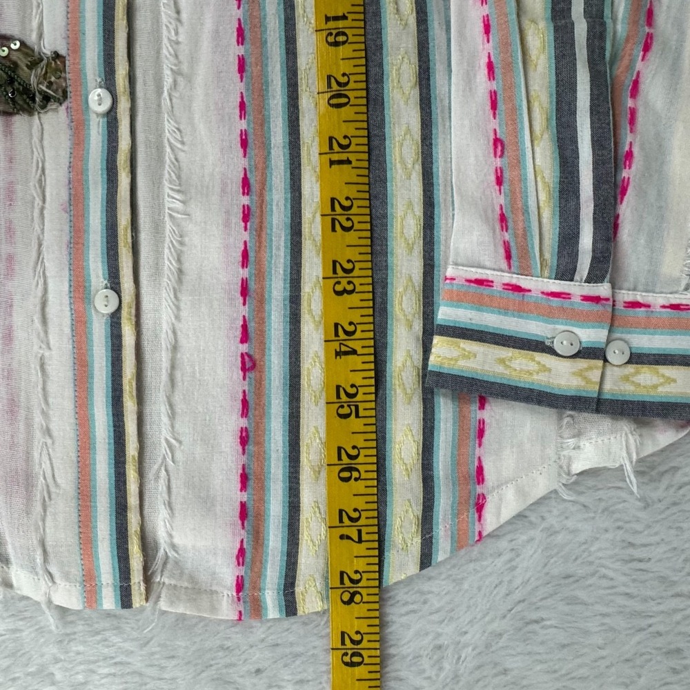 Chico's Shirt Womens 2 US 12 Embroidered Beaded Floral Stripe Boho Fringe Top - Picture 13 of 14